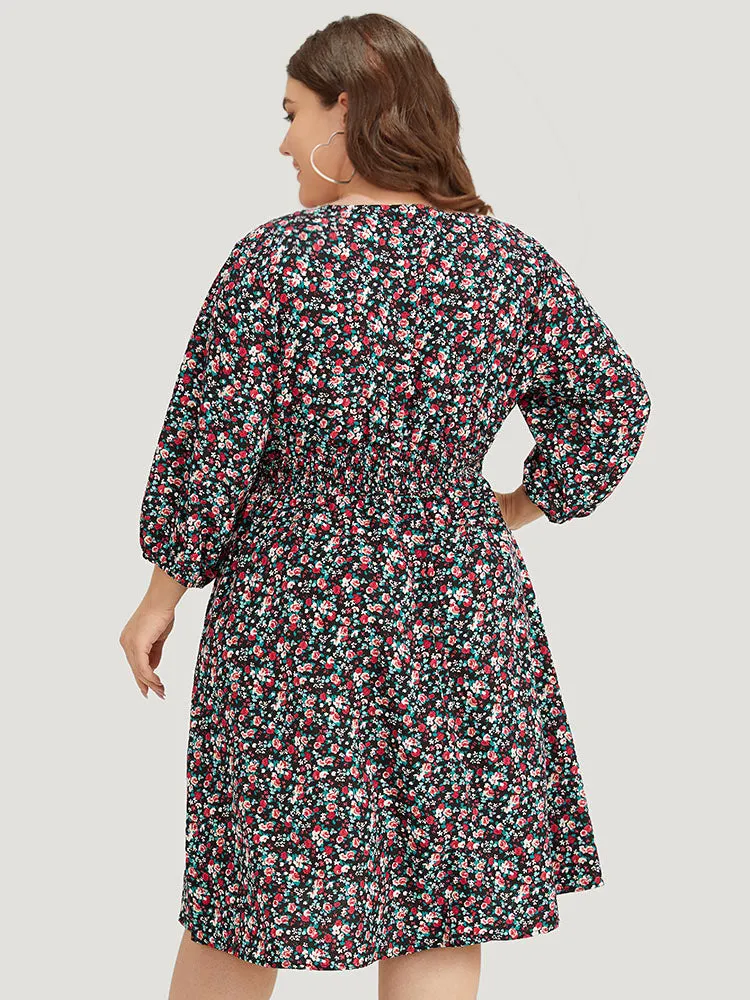 Ditsy Floral Shirred Pocket Lantern Sleeve Dress sold by Bloomchic product image thumbnail 3