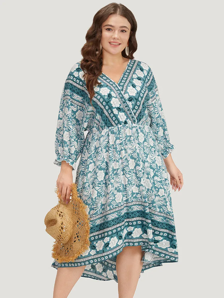 Floral Print Pocket Surplice Neck Ruffle Trim Dress sold by Bloomchic product image thumbnail 3