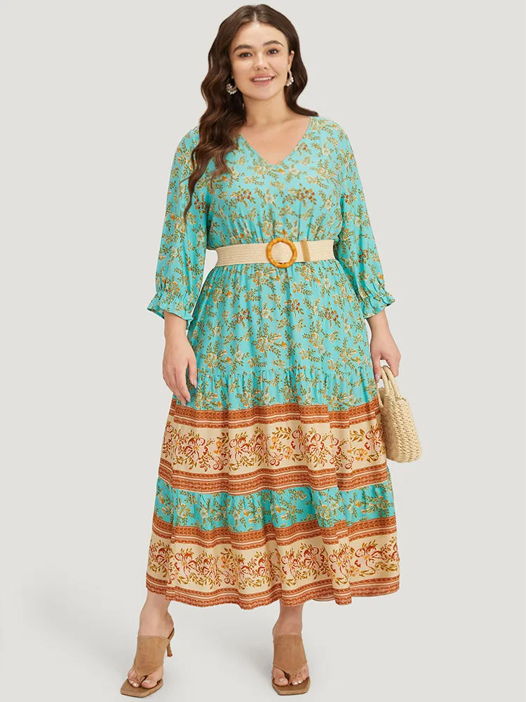 Floral Print Lantern Sleeve Contrast Patchwork Dress sold by Bloomchic product image thumbnail 5