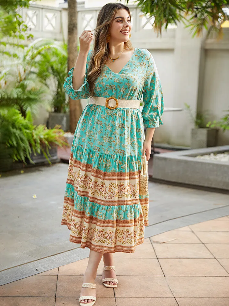 Floral Print Lantern Sleeve Contrast Patchwork Dress sold by Bloomchic product image thumbnail 2