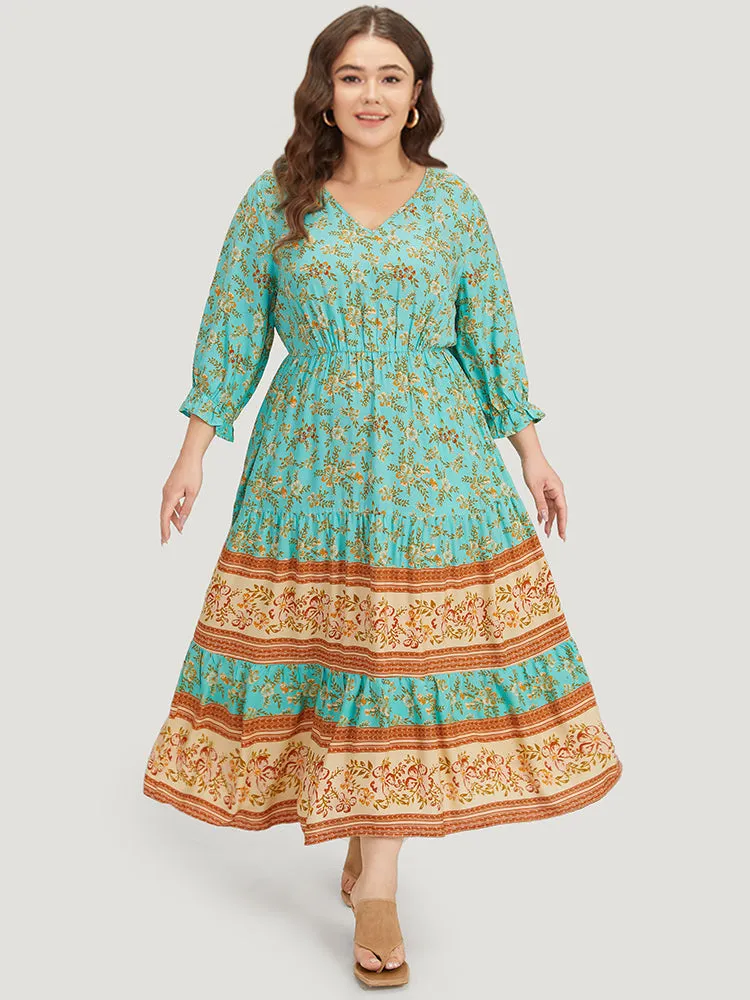 Floral Print Lantern Sleeve Contrast Patchwork Dress sold by Bloomchic product image thumbnail 3