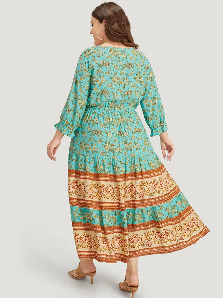 Floral Print Lantern Sleeve Contrast Patchwork Dress sold by Bloomchic product image thumbnail 4