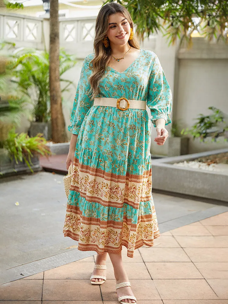 Floral Print Lantern Sleeve Contrast Patchwork Dress sold by Bloomchic