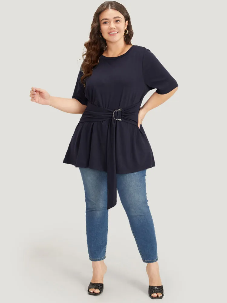 Crew Neck Buckle Detail Ruffle Hem T-shirt sold by Bloomchic product image thumbnail 5