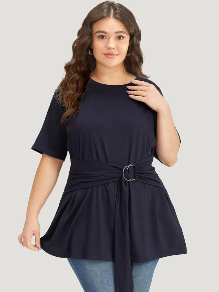 Crew Neck Buckle Detail Ruffle Hem T-shirt sold by Bloomchic product image thumbnail 3