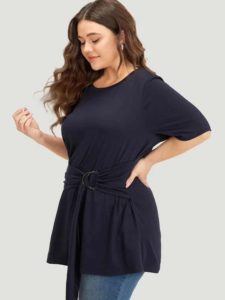 Crew Neck Buckle Detail Ruffle Hem T-shirt sold by Bloomchic product image thumbnail 4