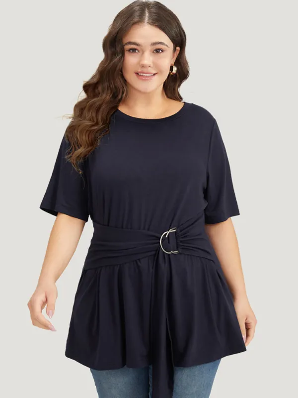 Crew Neck Buckle Detail Ruffle Hem T-shirt sold by Bloomchic