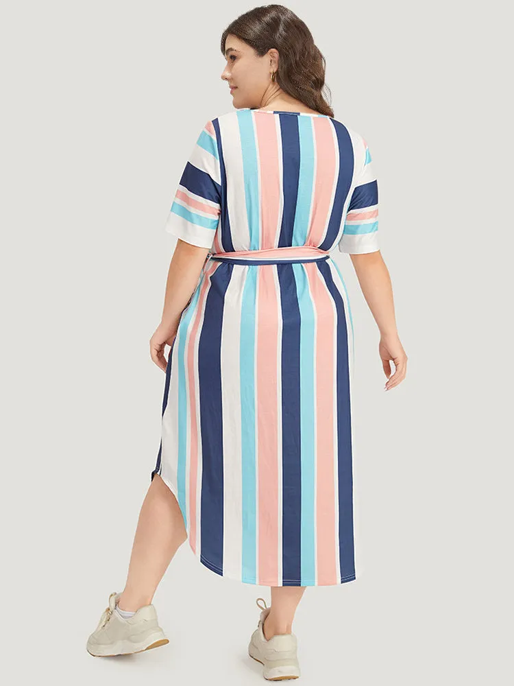 Striped Belted V Neck Pocket Arc Hem Dress sold by Bloomchic product image thumbnail 3