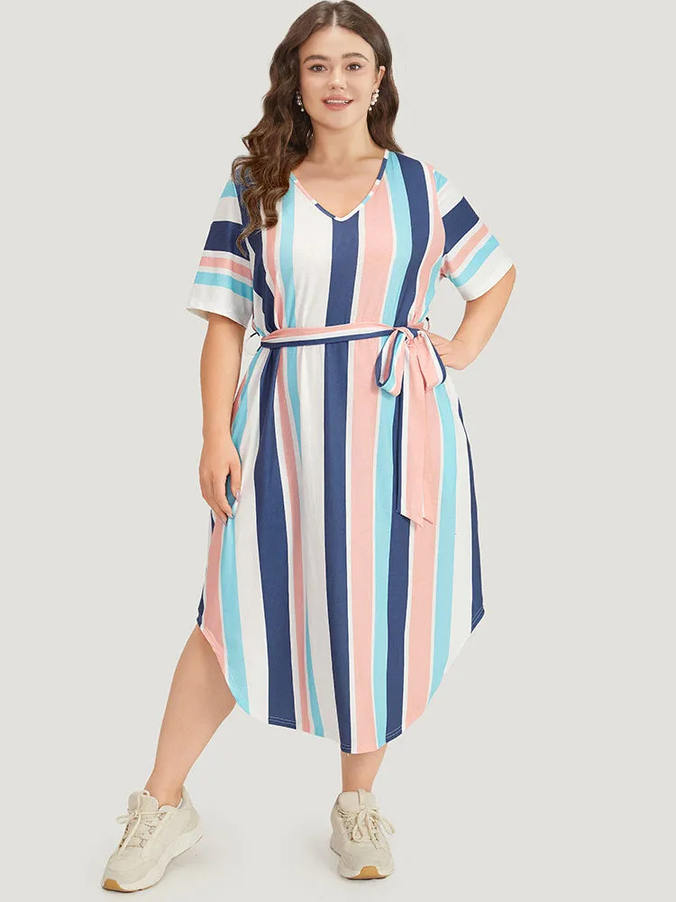 Striped Belted V Neck Pocket Arc Hem Dress sold by Bloomchic