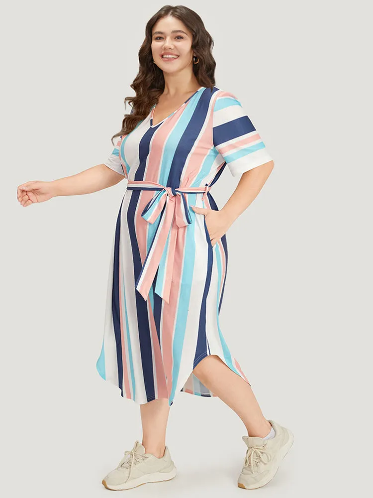 Striped Belted V Neck Pocket Arc Hem Dress sold by Bloomchic product image thumbnail 2
