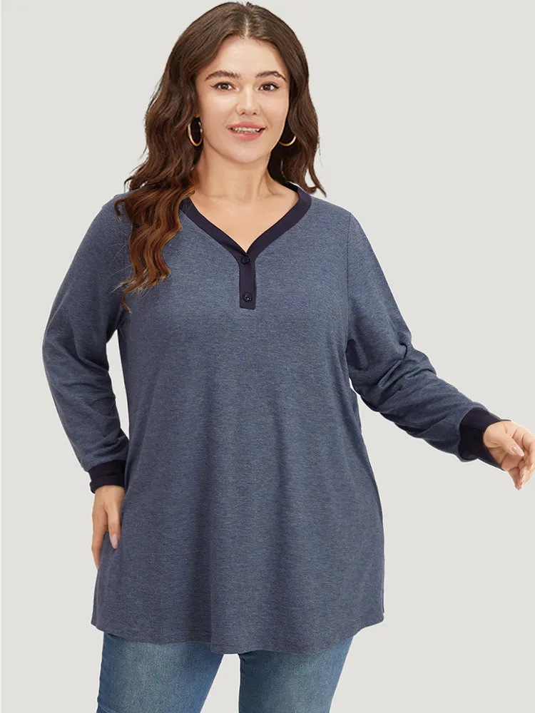 V Neck Button Up Contrast Elastic Cuffs Pocket T-shirt sold by Bloomchic product image thumbnail 4