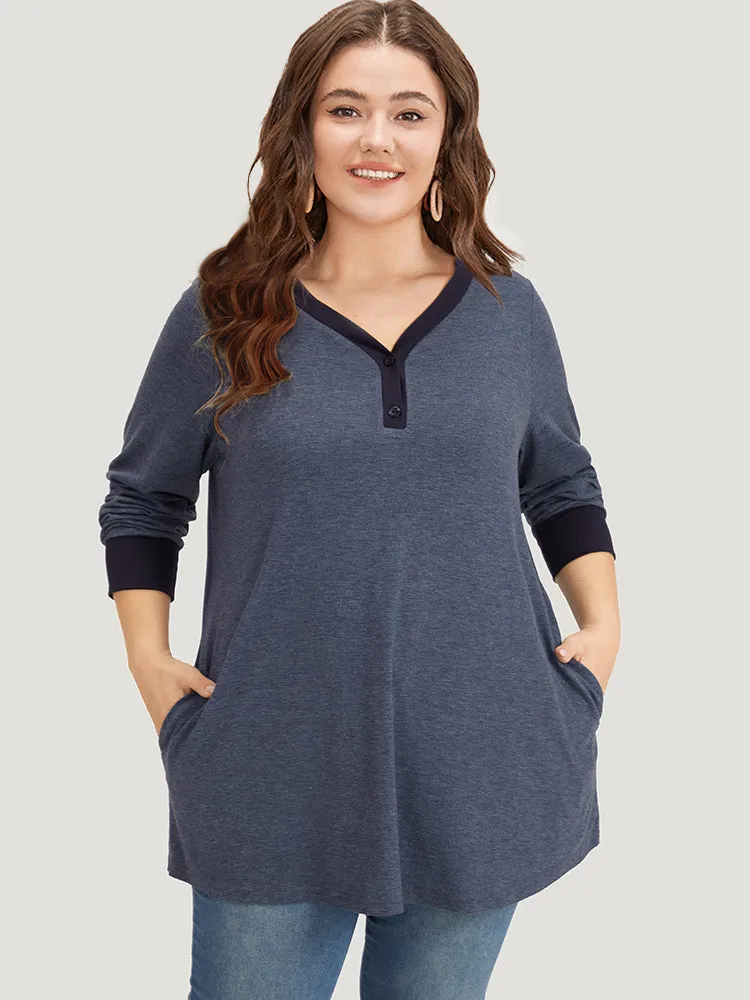 V Neck Button Up Contrast Elastic Cuffs Pocket T-shirt sold by Bloomchic