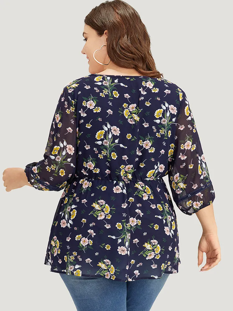 Floral Print V Neck Guipure Lace Mesh Lantern Sleeve Blouse sold by Bloomchic product image thumbnail 4