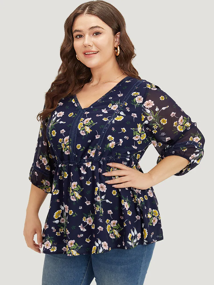 Floral Print V Neck Guipure Lace Mesh Lantern Sleeve Blouse sold by Bloomchic product image thumbnail 2