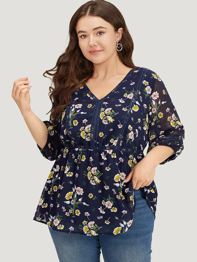 Floral Print V Neck Guipure Lace Mesh Lantern Sleeve Blouse sold by Bloomchic product image thumbnail 3