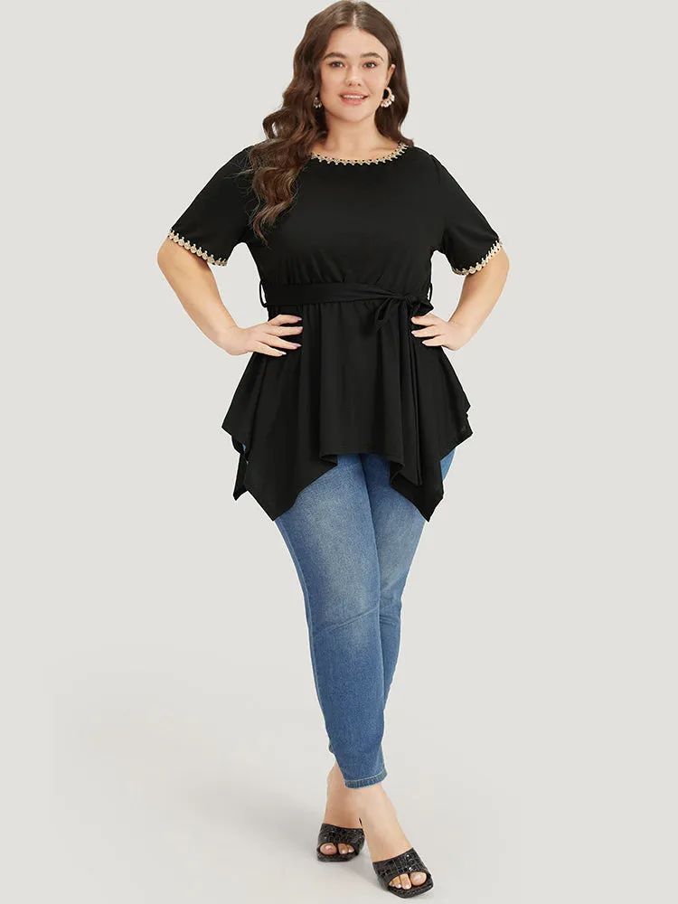 Crochet Lace Round Neck Ties Hanky Hem T-shirt sold by Bloomchic product image thumbnail 4