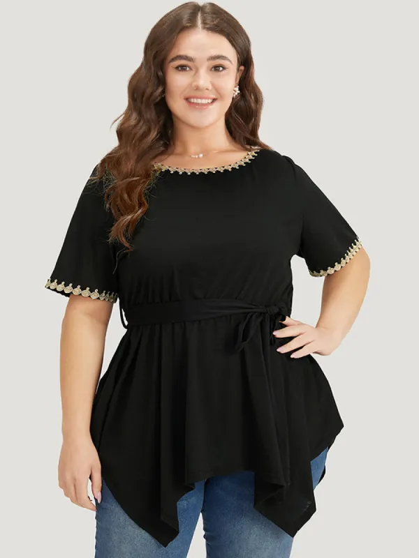 Crochet Lace Round Neck Ties Hanky Hem T-shirt sold by Bloomchic