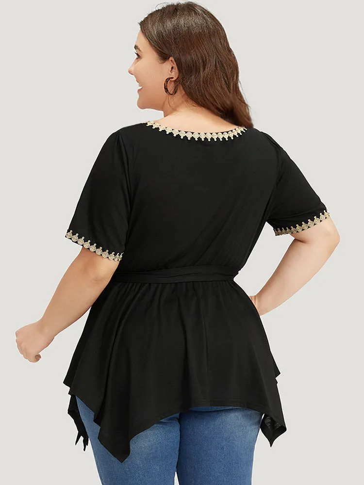 Crochet Lace Round Neck Ties Hanky Hem T-shirt sold by Bloomchic product image thumbnail 2