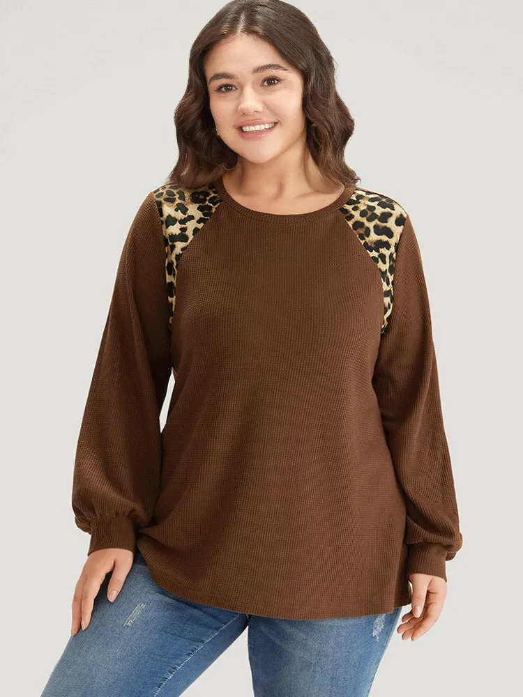 Leopard Patchwork Waffle Knit Elastic Cuffs T-shirt sold by Bloomchic product image thumbnail 2