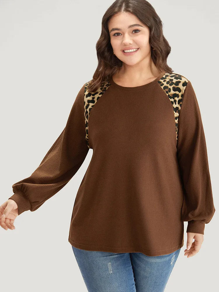 Leopard Patchwork Waffle Knit Elastic Cuffs T-shirt sold by Bloomchic