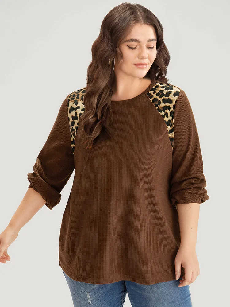 Leopard Patchwork Waffle Knit Elastic Cuffs T-shirt sold by Bloomchic product image thumbnail 3