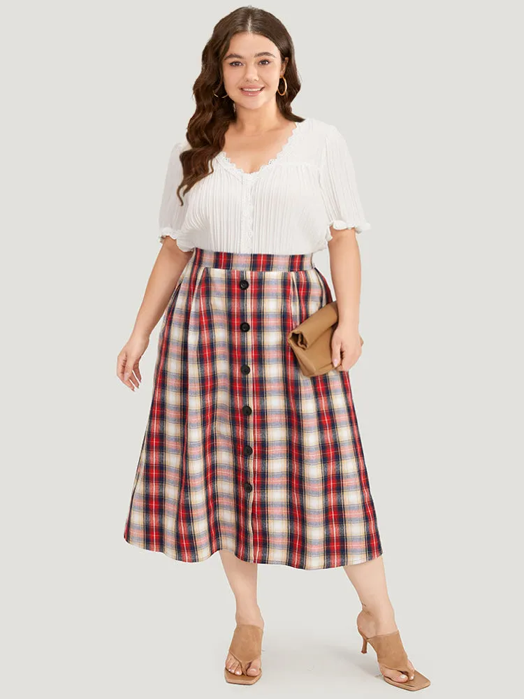Plaid Wideband Waist Pleated Button Detail Skirt sold by Bloomchic product image thumbnail 2