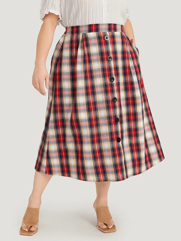Plaid Wideband Waist Pleated Button Detail Skirt sold by Bloomchic