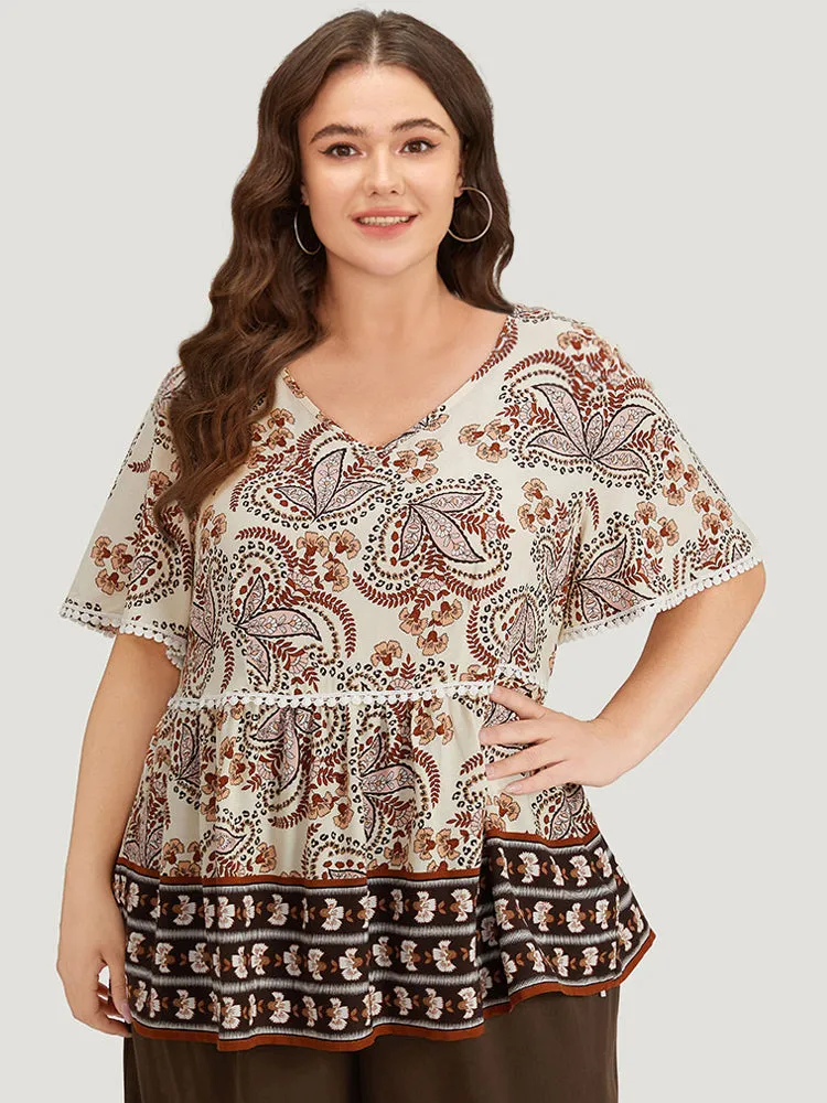 Paisley Print V Neck Pompom Trim Flutter Sleeve Top sold by Bloomchic product image thumbnail 4