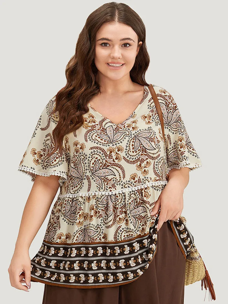 Paisley Print V Neck Pompom Trim Flutter Sleeve Top sold by Bloomchic