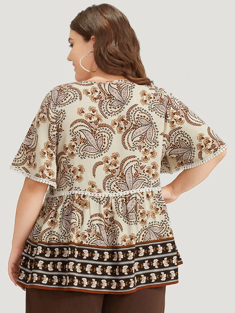 Paisley Print V Neck Pompom Trim Flutter Sleeve Top sold by Bloomchic product image thumbnail 5