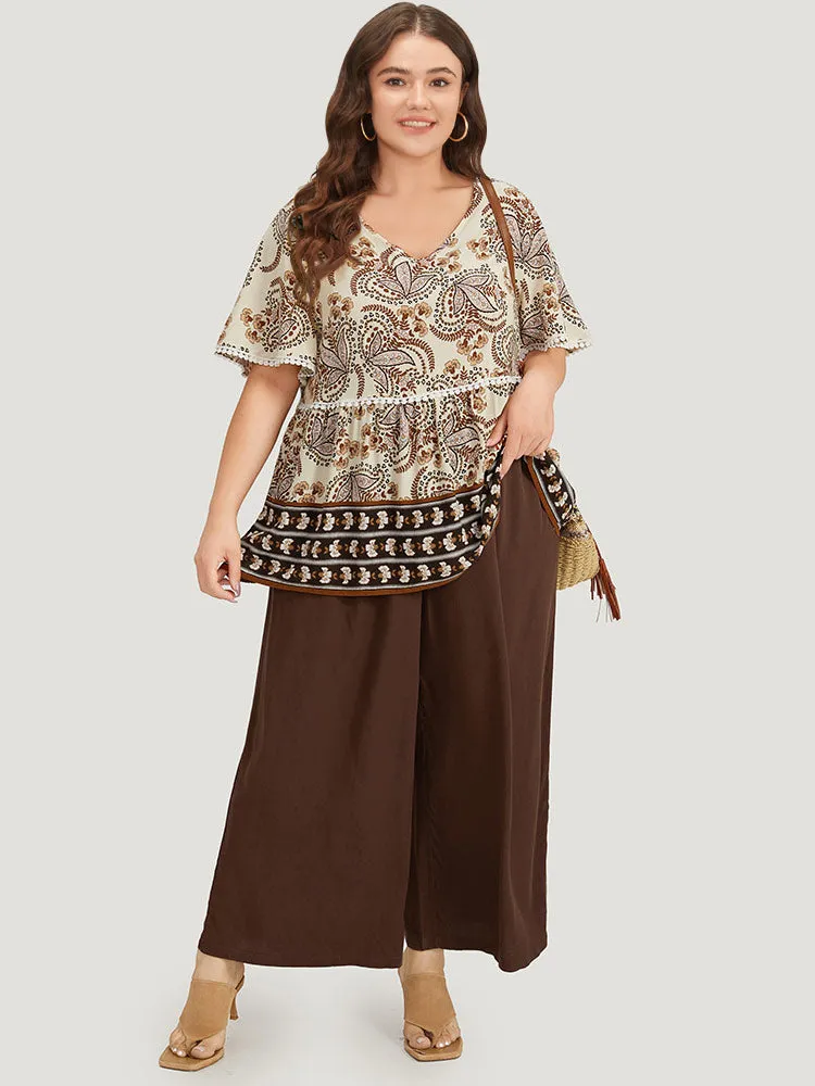 Paisley Print V Neck Pompom Trim Flutter Sleeve Top sold by Bloomchic product image thumbnail 2