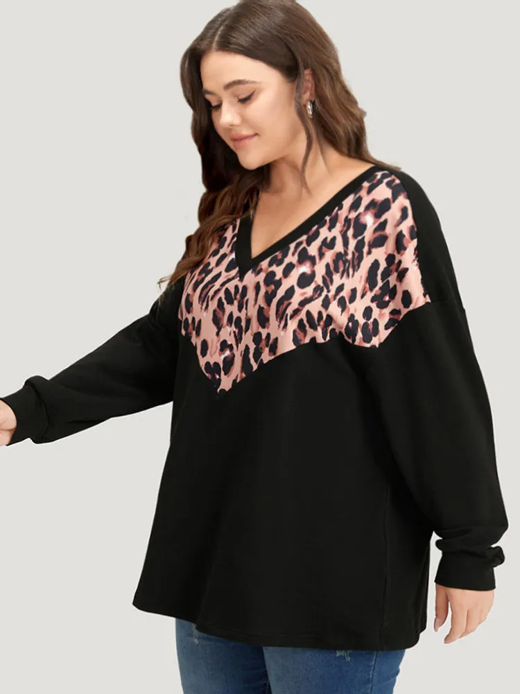 Leopard Print Patchwork V Neck Contrast Trim Sweatshirt sold by Bloomchic product image thumbnail 3