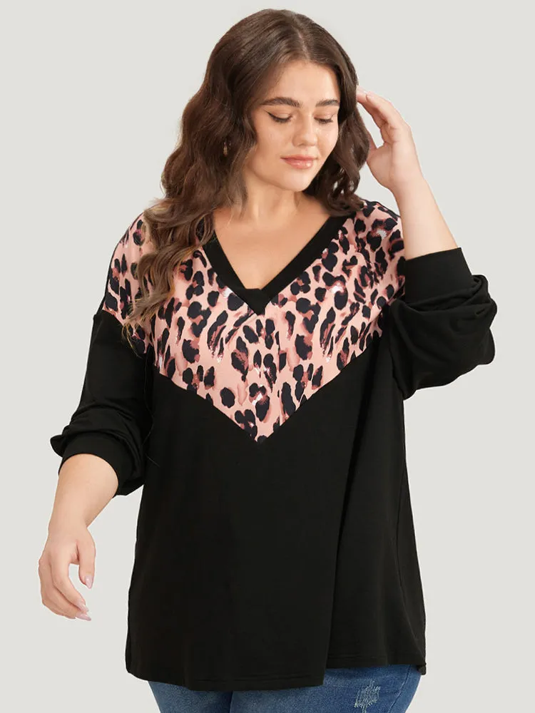 Leopard Print Patchwork V Neck Contrast Trim Sweatshirt sold by Bloomchic product image thumbnail 5