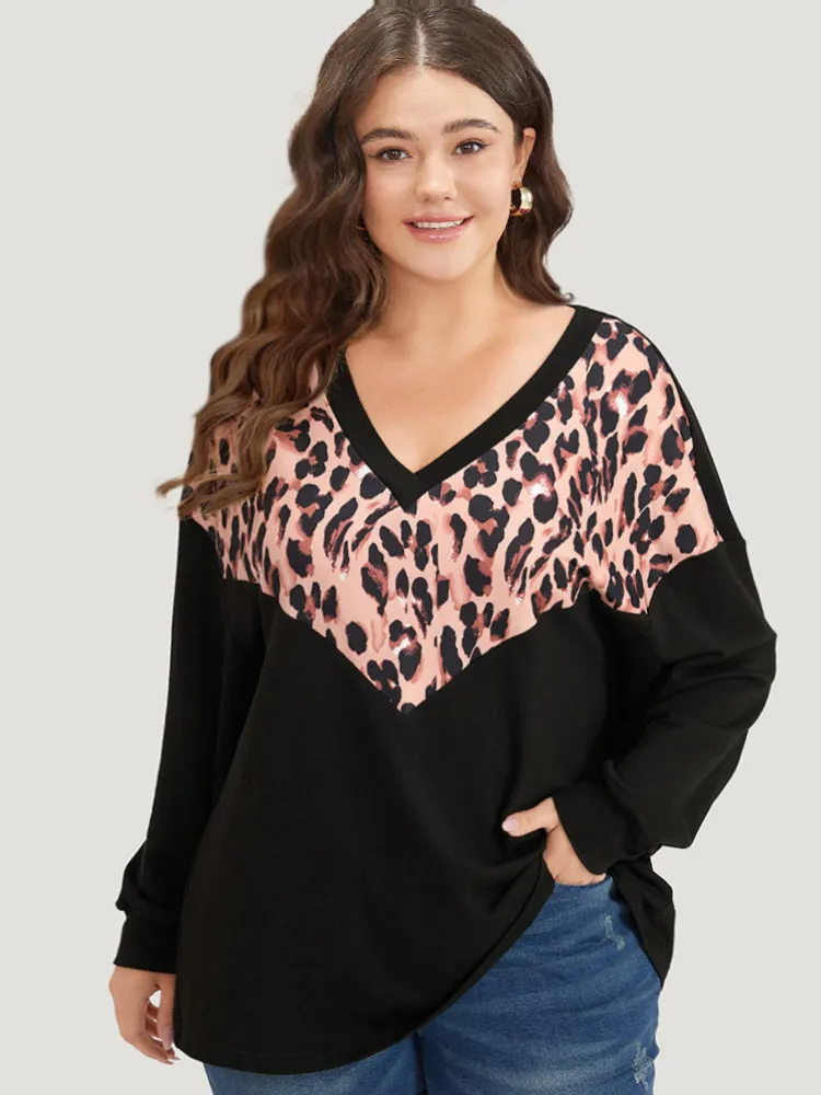 Leopard Print Patchwork V Neck Contrast Trim Sweatshirt sold by Bloomchic