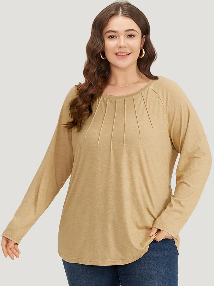 Solid Pleated Raglan Sleeve Crew Neck T-shirt sold by Bloomchic