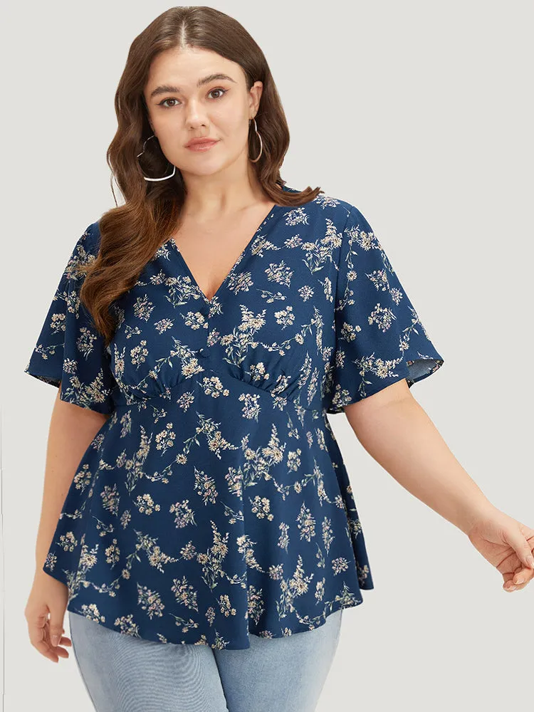 Floral Print Flutter Sleeve Button Detail Blouse sold by Bloomchic