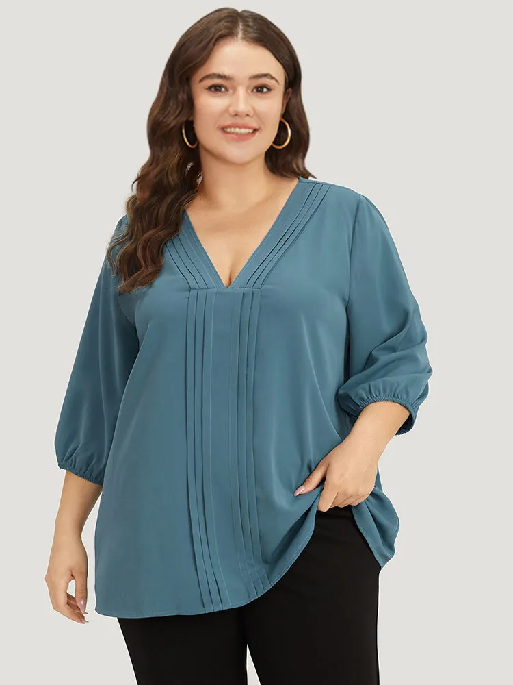 Plain Pleated Detail Elastic Cuffs V Neck Blouse sold by Bloomchic product image thumbnail 3