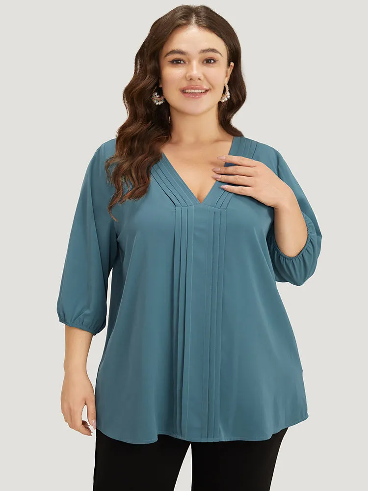Plain Pleated Detail Elastic Cuffs V Neck Blouse sold by Bloomchic