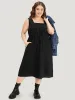 Plain Pocket Drawstring Square Neck Tank Dress sold by Bloomchic
