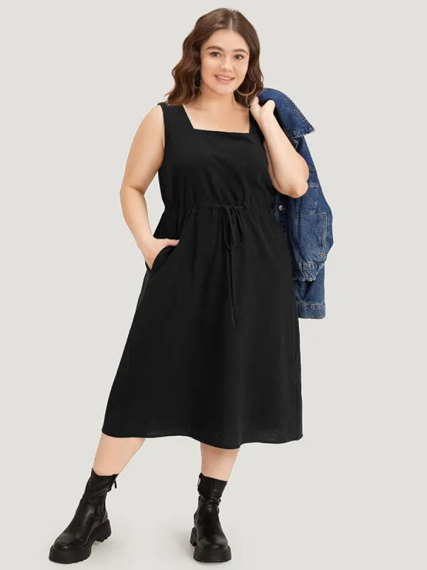 Plain Pocket Drawstring Square Neck Tank Dress sold by Bloomchic