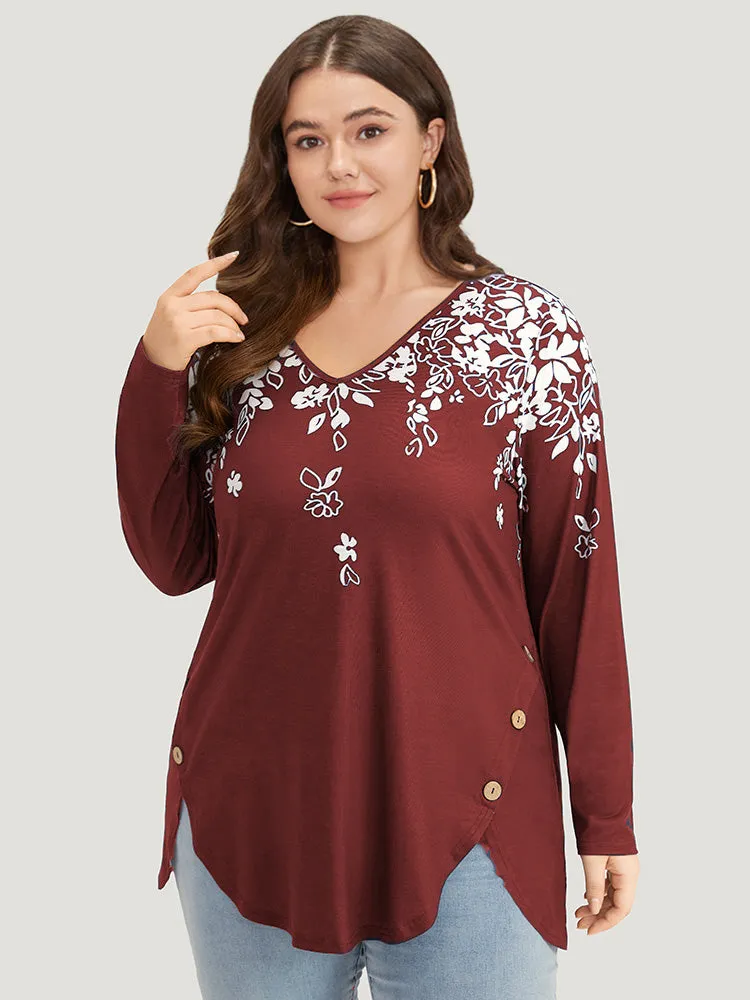 Silhouette Floral Print Button Detail Arc Hem T-shirt sold by Bloomchic product image thumbnail 5