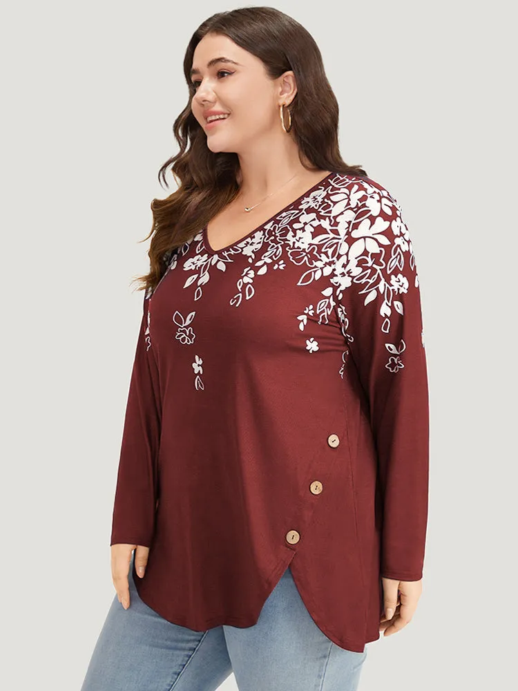 Silhouette Floral Print Button Detail Arc Hem T-shirt sold by Bloomchic product image thumbnail 3