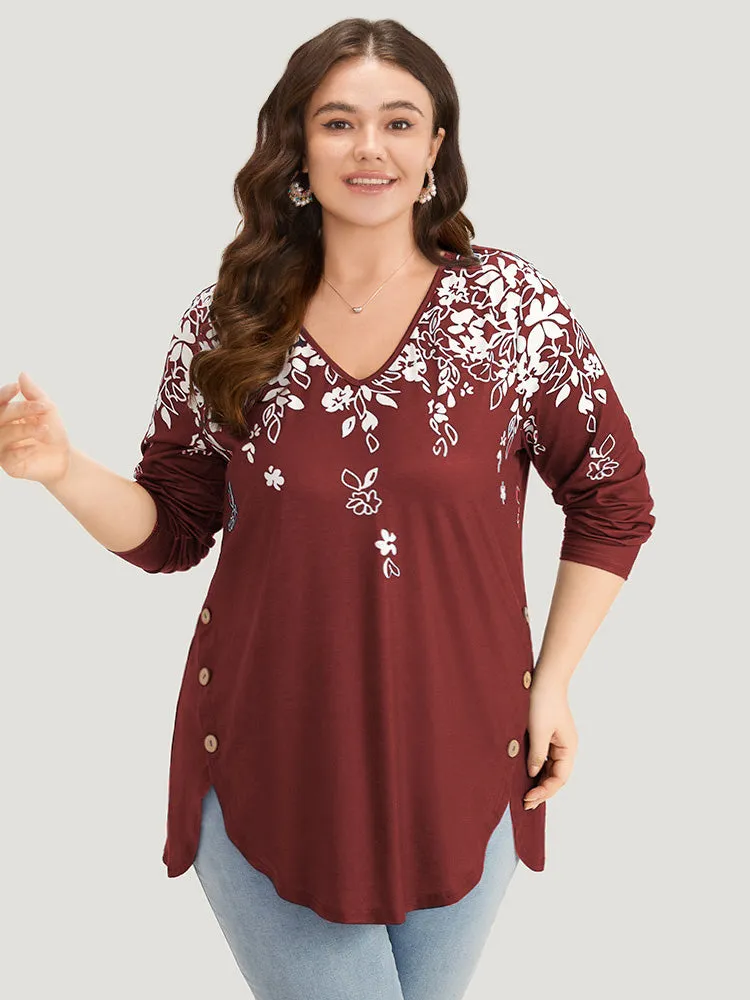 Silhouette Floral Print Button Detail Arc Hem T-shirt sold by Bloomchic