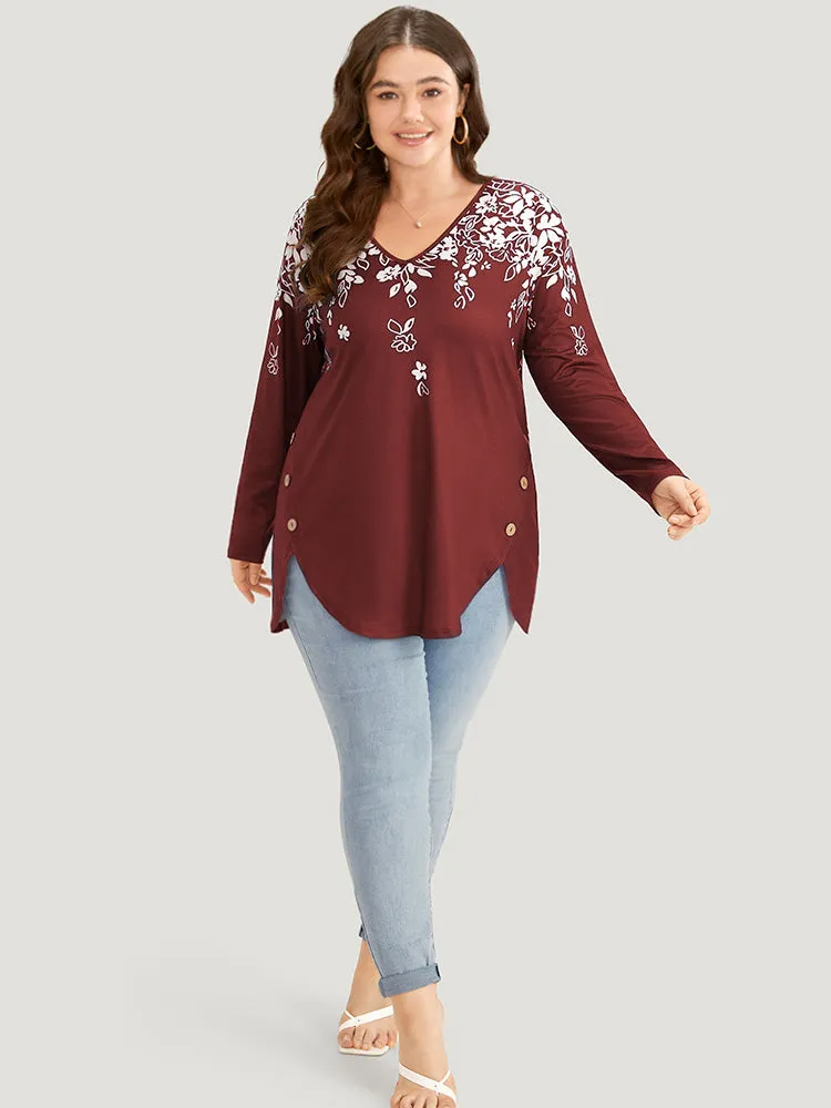 Silhouette Floral Print Button Detail Arc Hem T-shirt sold by Bloomchic product image thumbnail 4