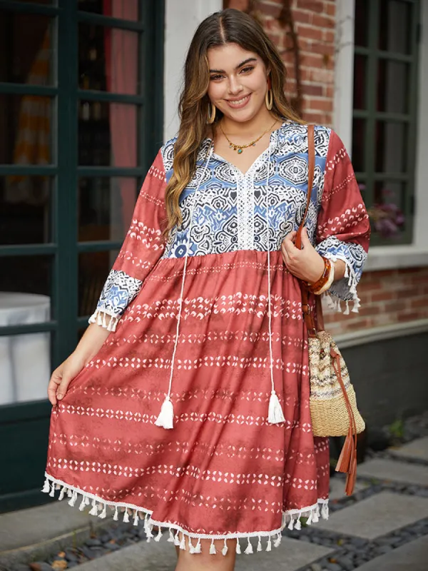 Bandana Print Contrast Tassels Trim Ties Notched Dress sold by Bloomchic