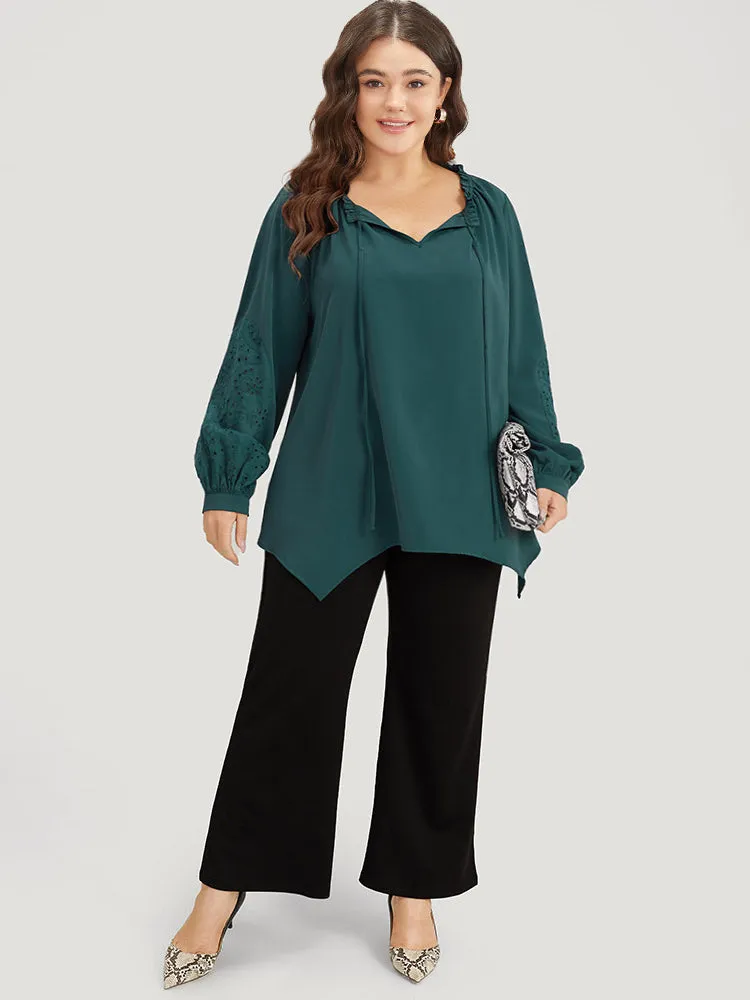 Anti-Wrinkle Broderie Anglaise Knot Neck Frill Trim Lantern Sleeve Blouse sold by Bloomchic product image thumbnail 3