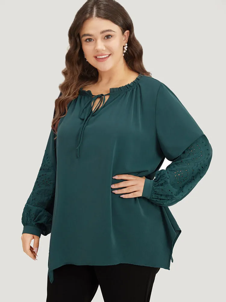 Anti-Wrinkle Broderie Anglaise Knot Neck Frill Trim Lantern Sleeve Blouse sold by Bloomchic