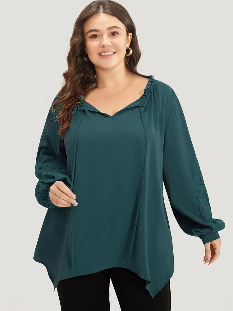 Anti-Wrinkle Broderie Anglaise Knot Neck Frill Trim Lantern Sleeve Blouse sold by Bloomchic product image thumbnail 2