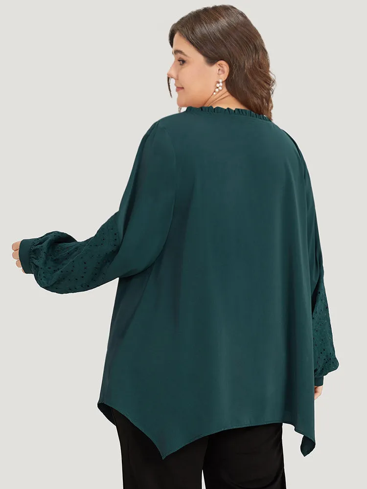 Anti-Wrinkle Broderie Anglaise Knot Neck Frill Trim Lantern Sleeve Blouse sold by Bloomchic product image thumbnail 4