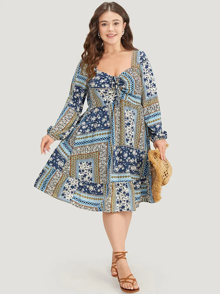 Bandana Print Patchwork Ties Pocket Lantern Sleeve Dress sold by Bloomchic product image thumbnail 4